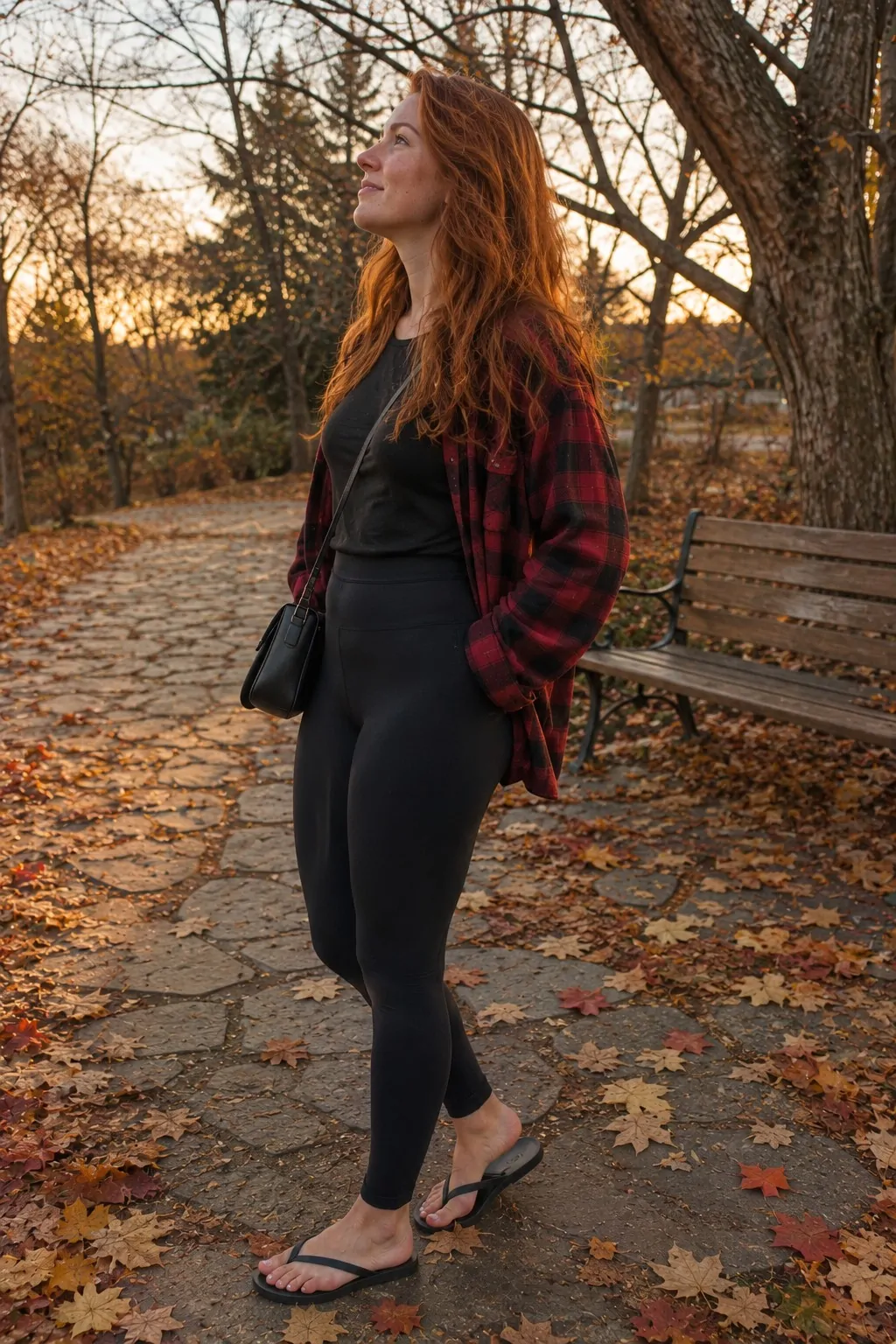 Black Leggings with Oversized Flannel Shirt - Leggings and Flip Flops Outfit