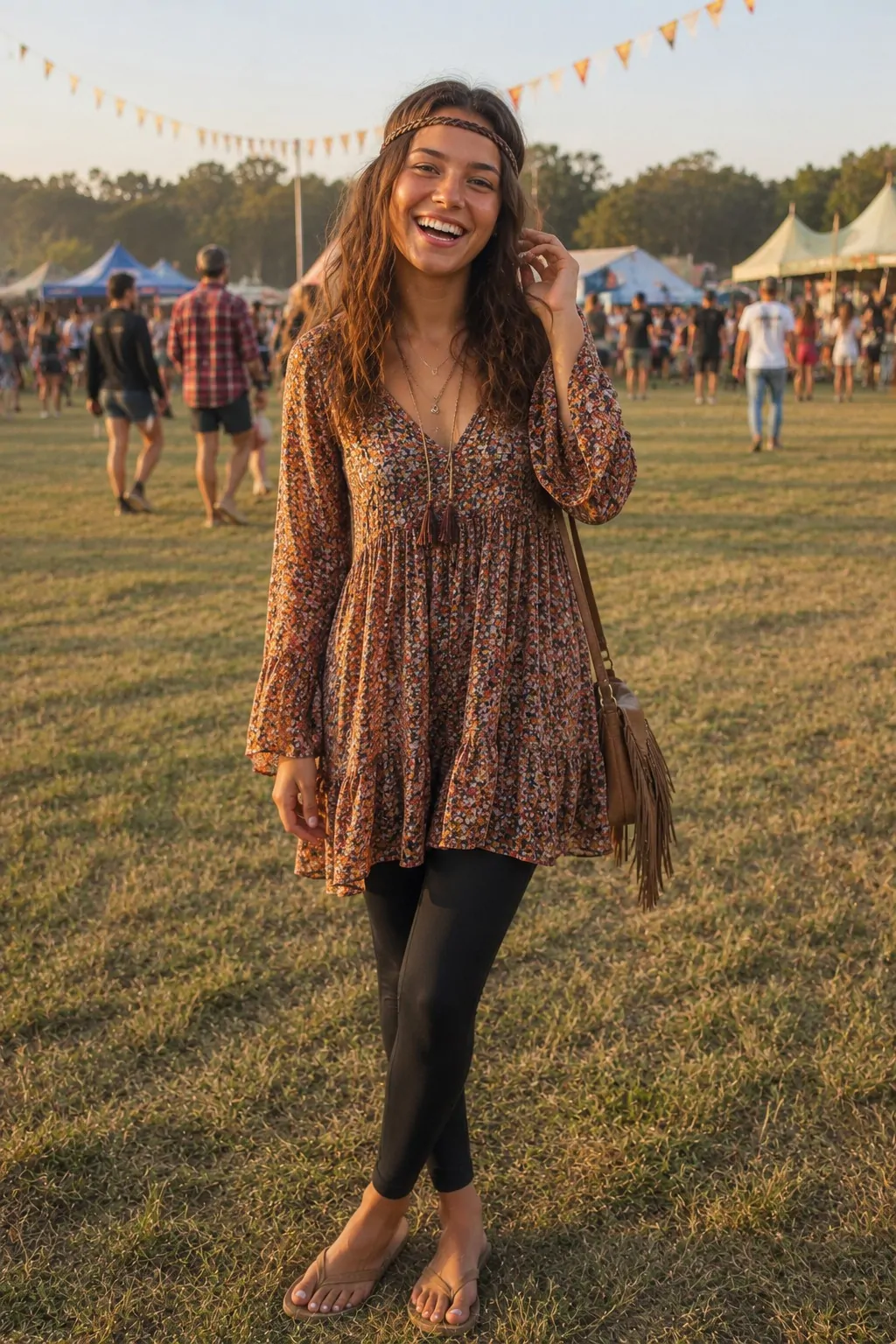 Black Leggings with Boho Tunic Dress - Leggings and Flip Flops Outfit