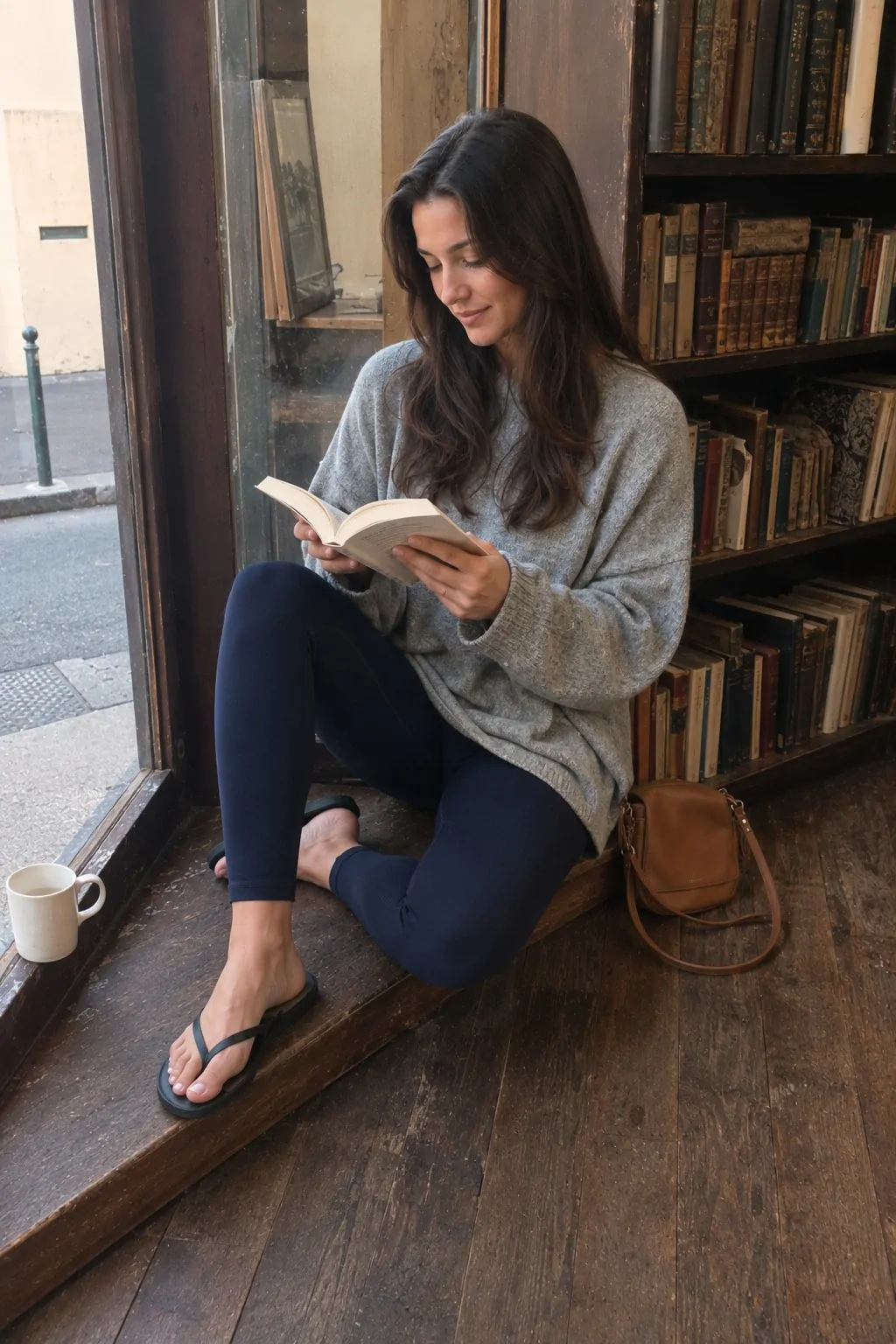 Navy Leggings with Oversized Grey Knit - Leggings and Flip Flops Outfit