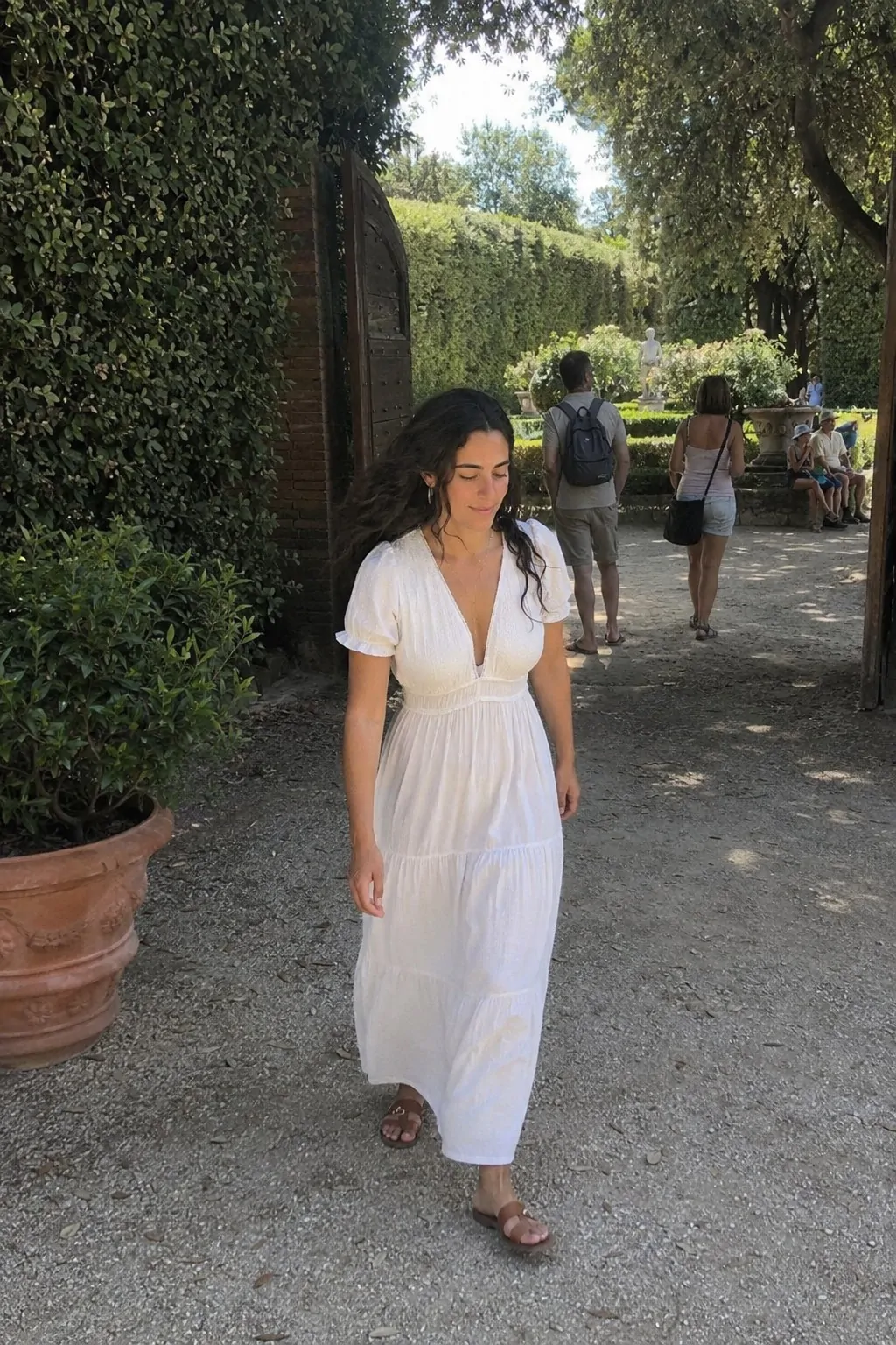 #1 - Maxi Dress with Tan Sandals - White Boho Dress Outfit Ideas