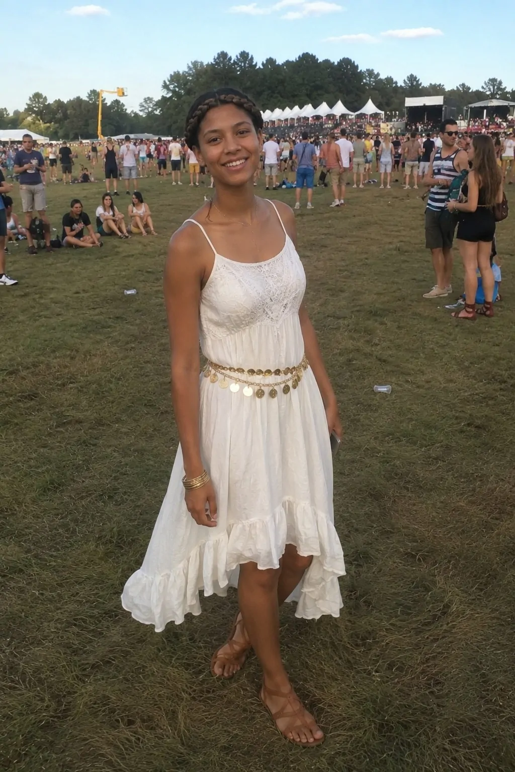 #4 - Gypsy Look with a Coin Belt - White Boho Dress Outfit Ideas