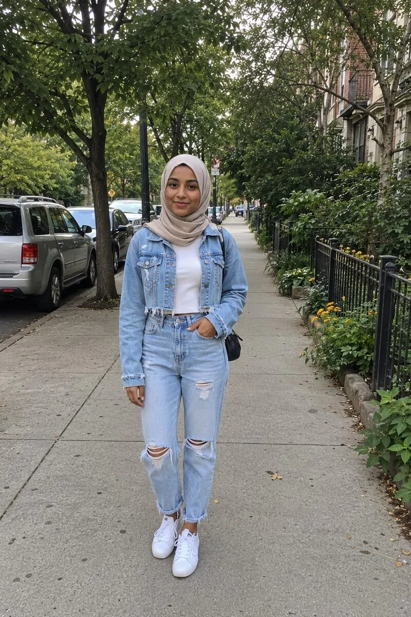 crop denim jacket and mom jeans