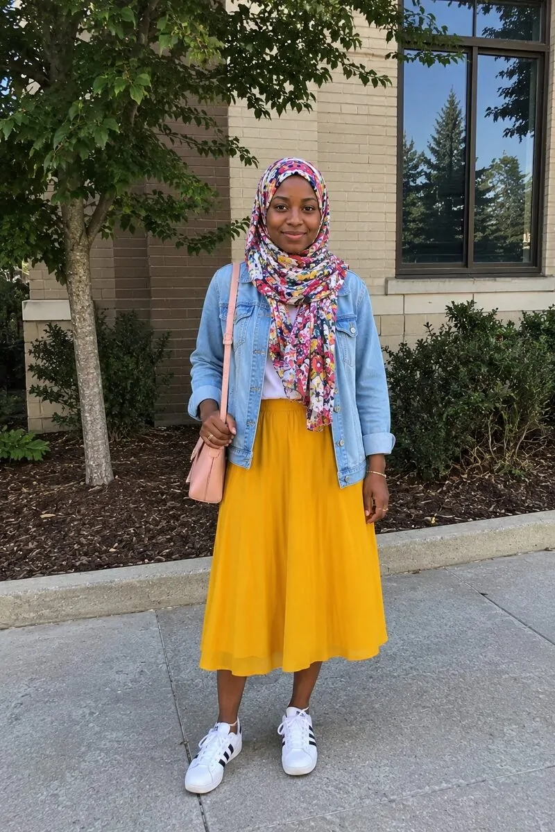 denim jacket styled by dark skinned girl