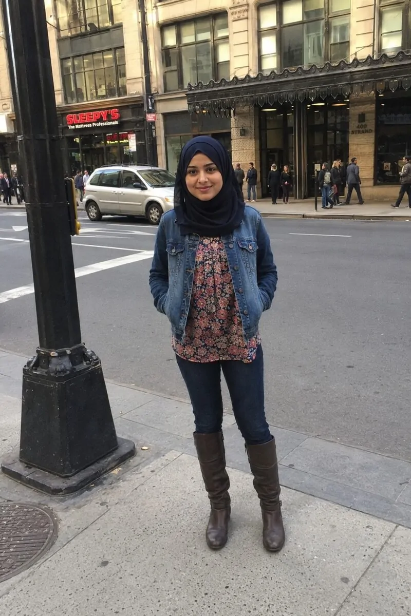 denim jacket with knee-high booth