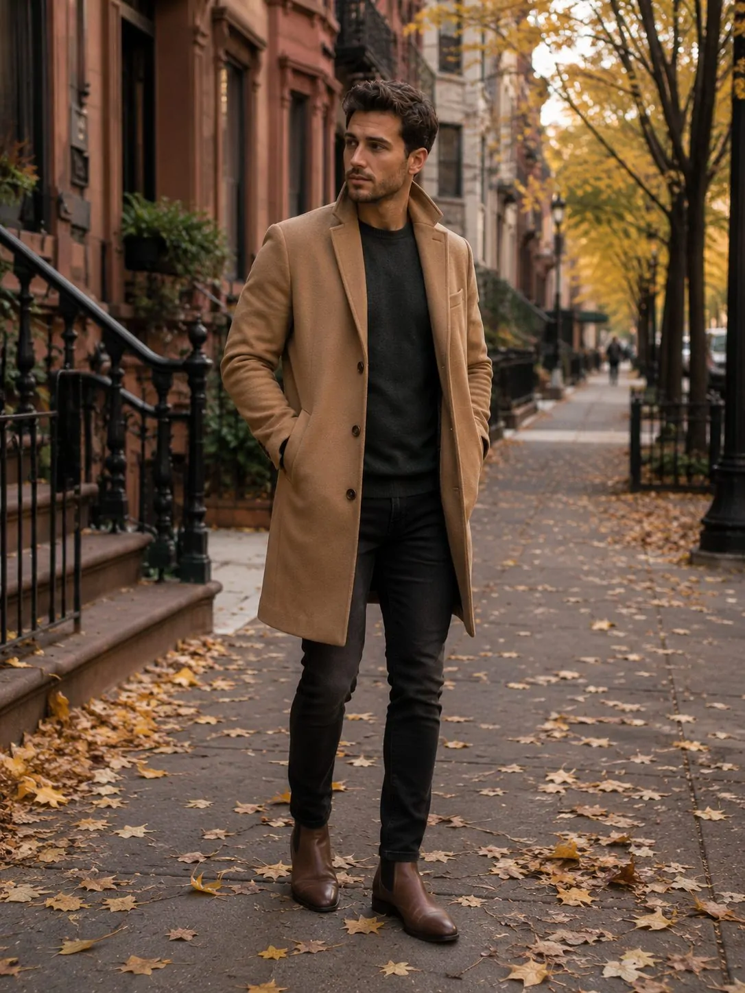 Men fall camel overcoat outfit