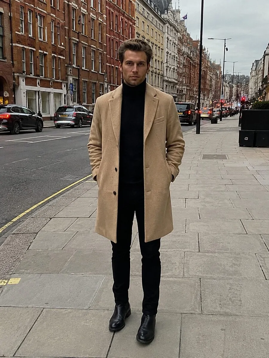 Camel overcoat over black base outfit men January