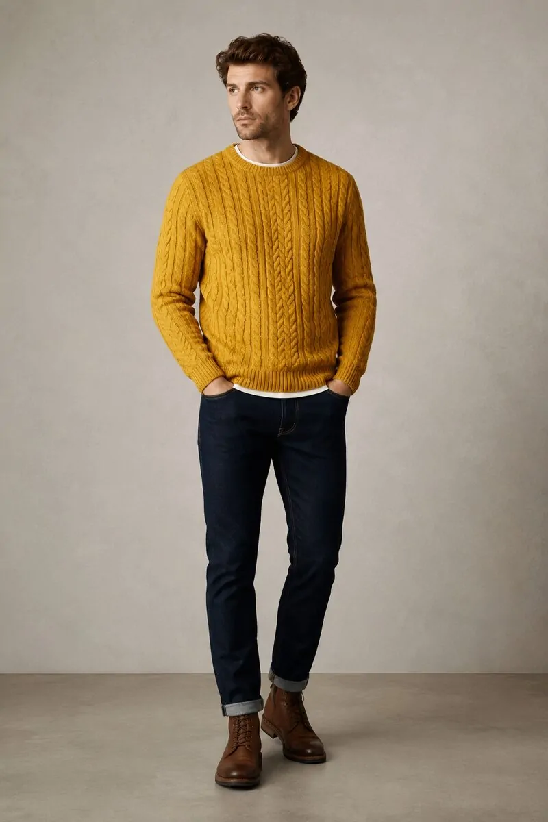 Mustard cable knit sweater with dark jeans men January outfit