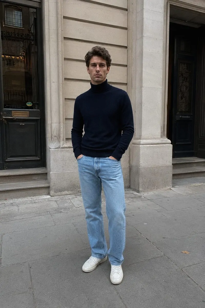 Navy turtleneck with dark jeans and tan boots men January outfit