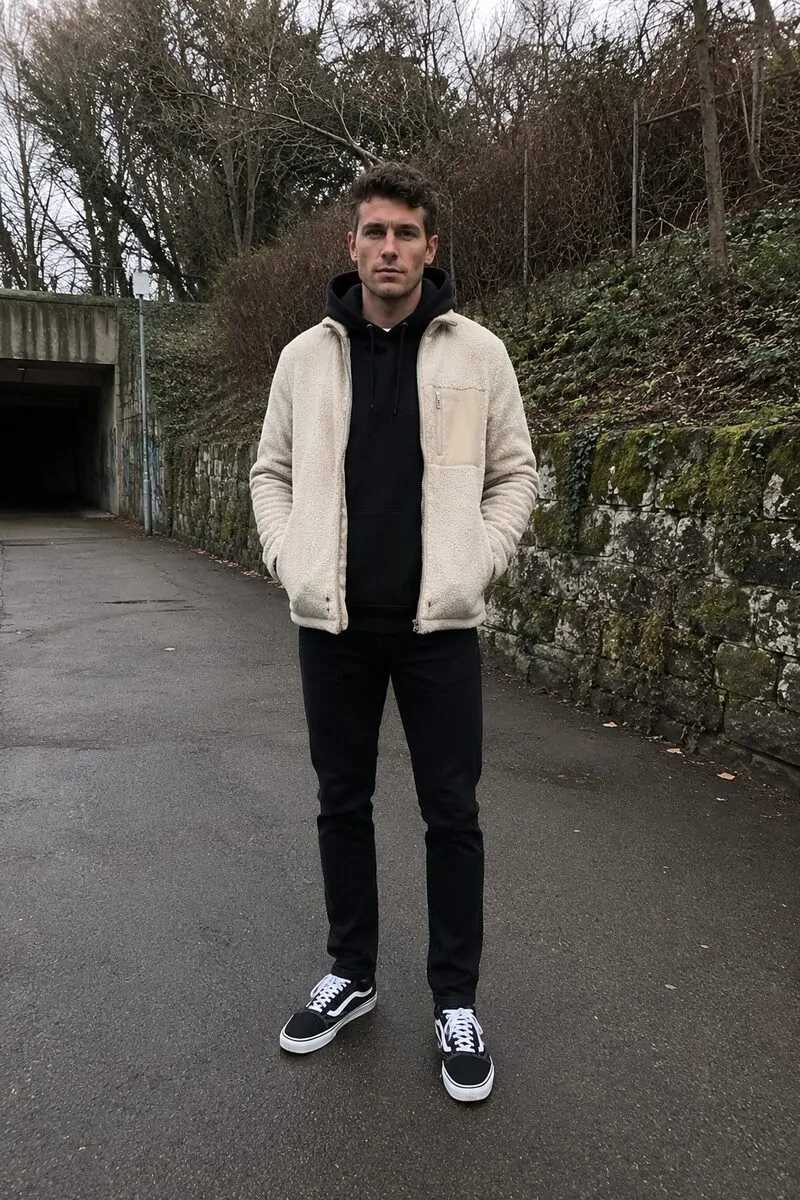Cream sherpa jacket over black basics men January outfit