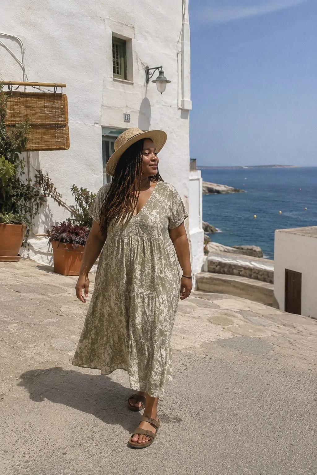 #7 - Floral Midi Dress and Bucket Hat (Summer Outfit) - Salty Granola Outfit Ideas