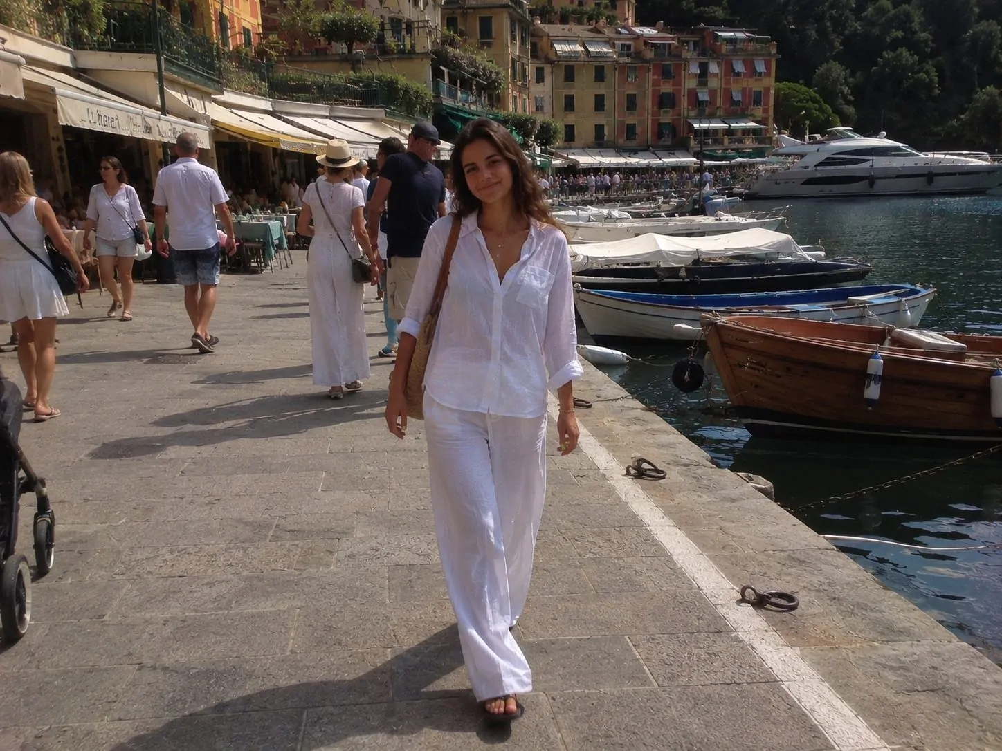 All white linen shirt and wide leg trousers vacation outfit