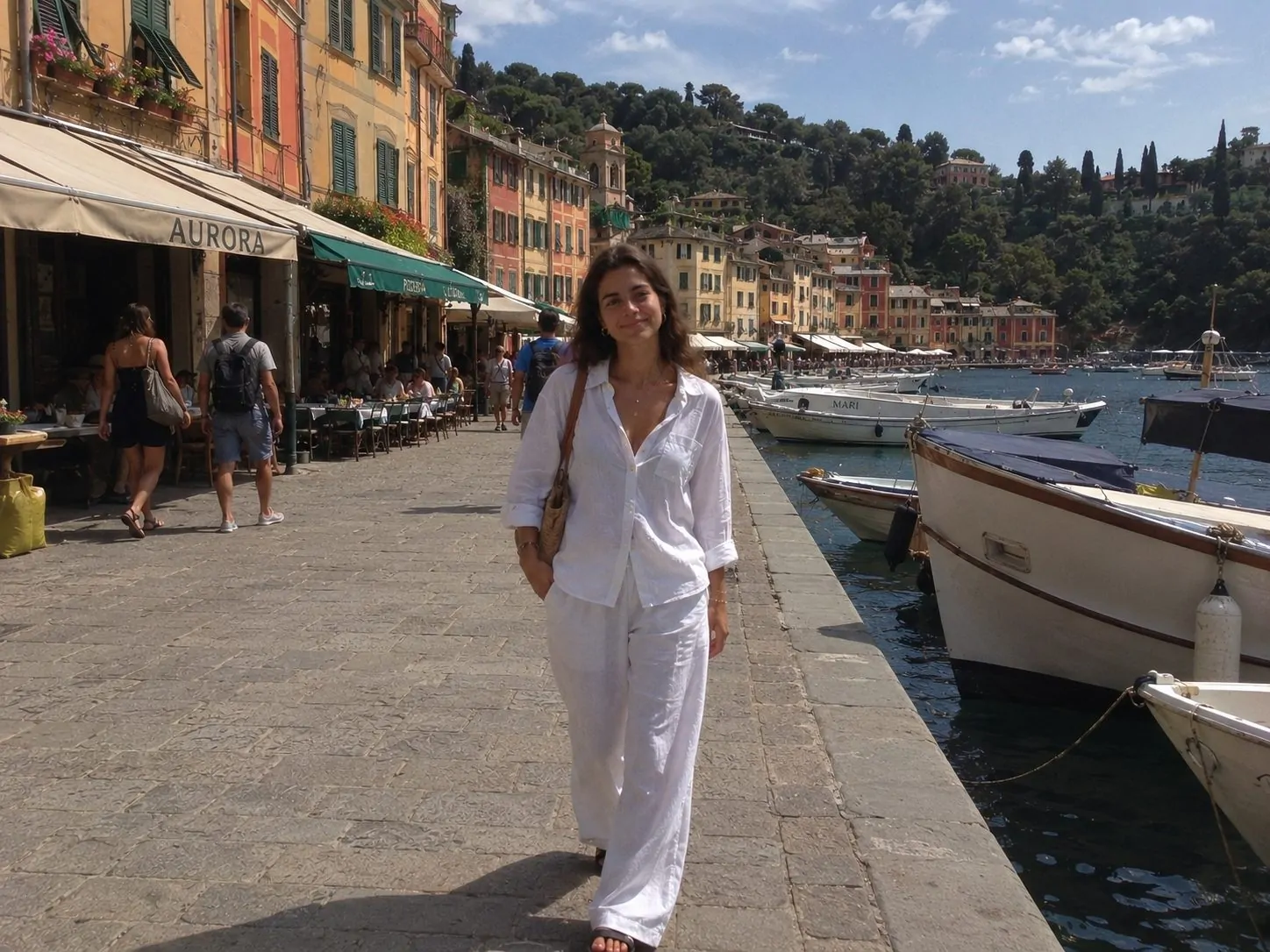 White linen co-ord vacation outfit