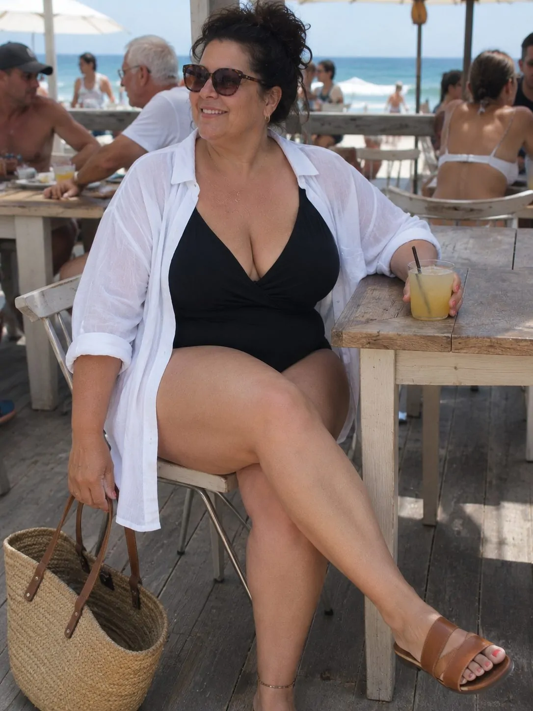 Classic Black Swimsuit with a Linen Shirt