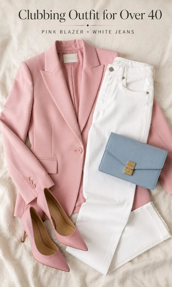 Pink Blazer With White Jeans And Matching Accessories