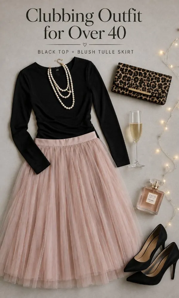 Black Top With Blush Pink Tulle Midi Skirt