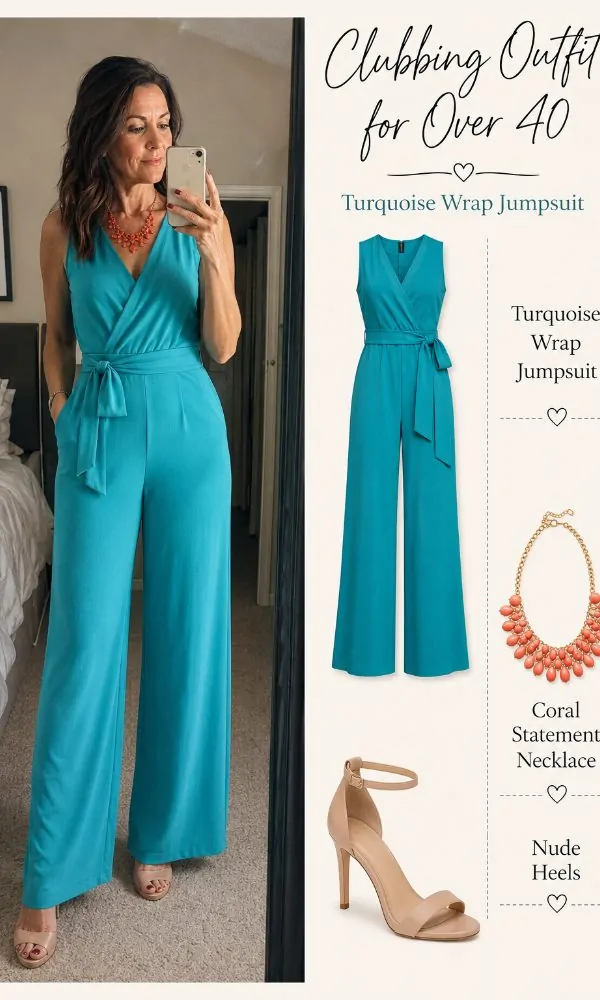 Turquoise Wrap Jumpsuit With Statement Necklace