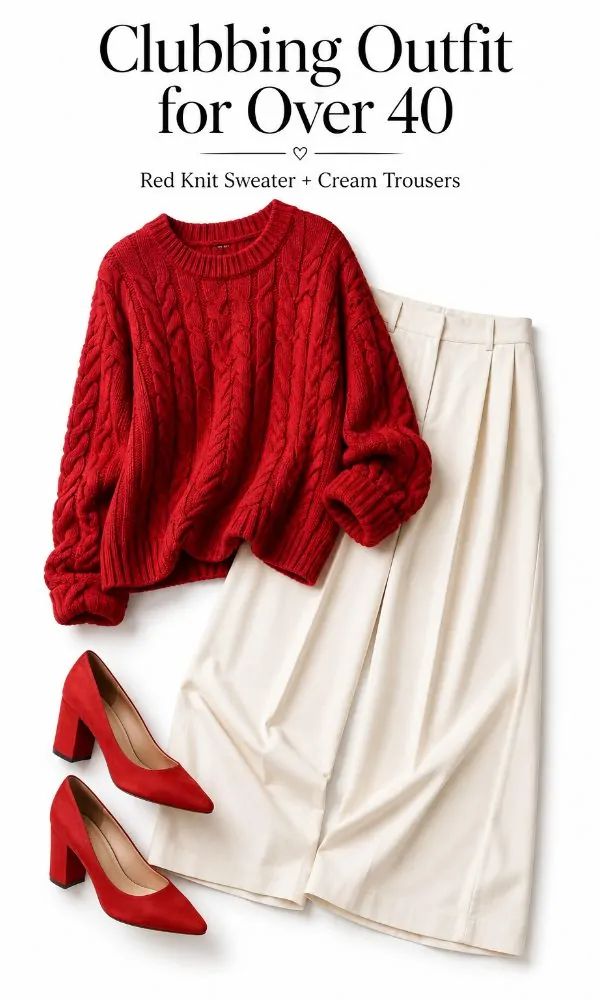 Red Cable Knit Sweater With Cream Wide-Leg Pants