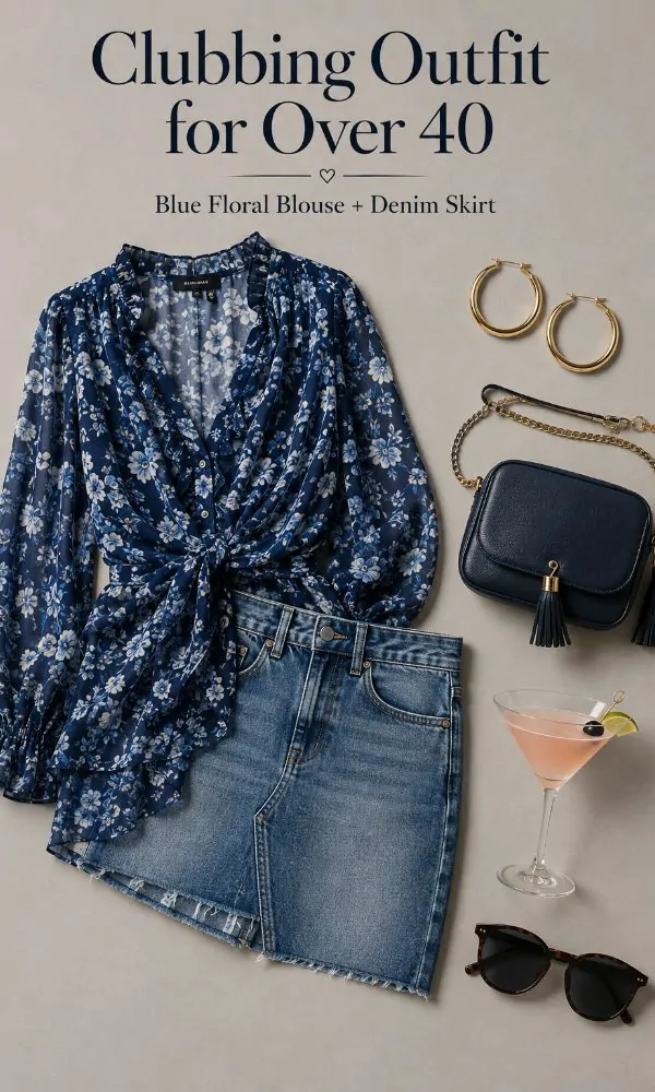 Blue Floral Blouse With Denim Skirt