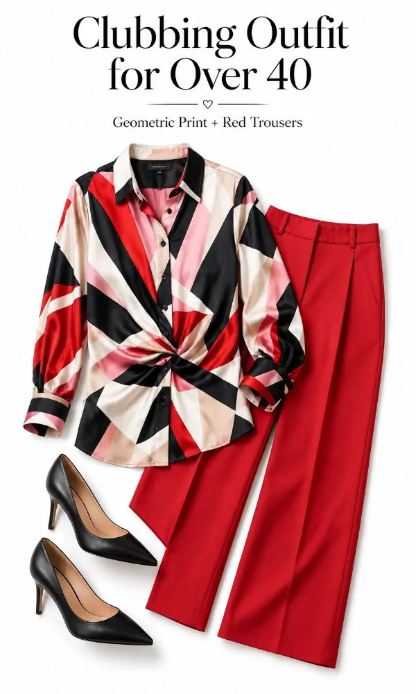 Geometric Print Blouse With Red Trousers