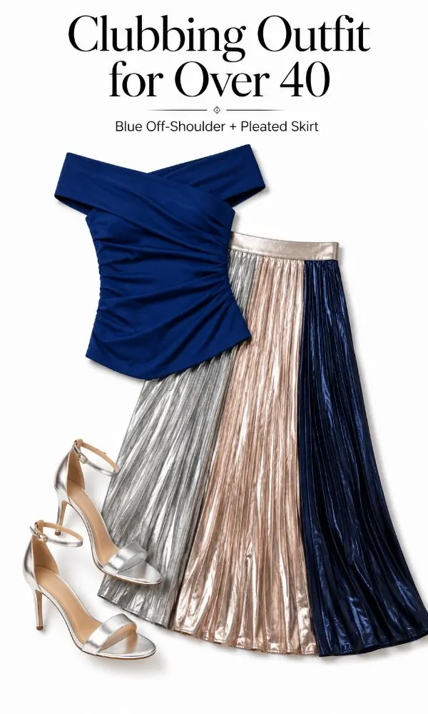 Blue Off-Shoulder Top With Colorblock Pleated Skirt