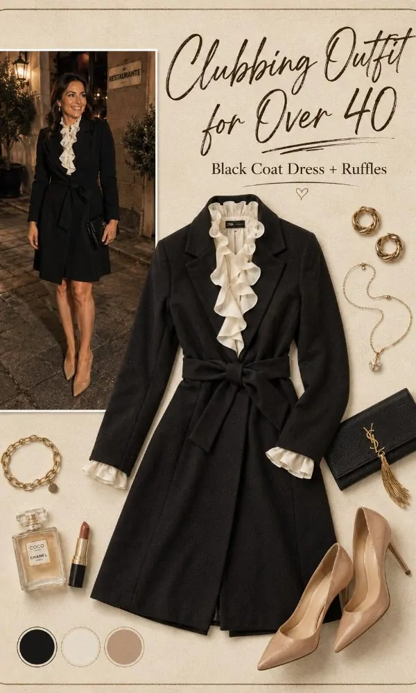Black Coat Dress With White Ruffle Details