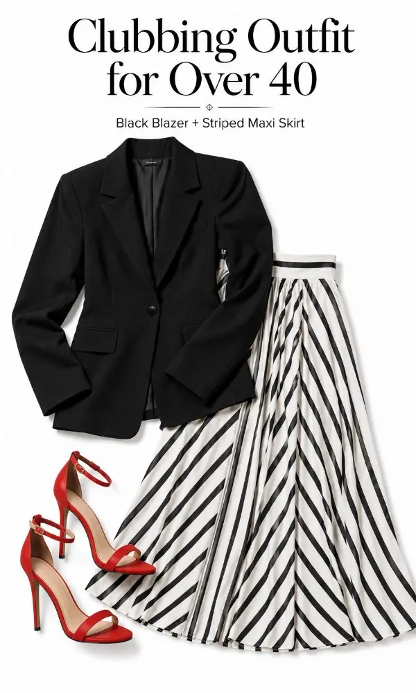 Black Blazer With Striped Maxi Skirt