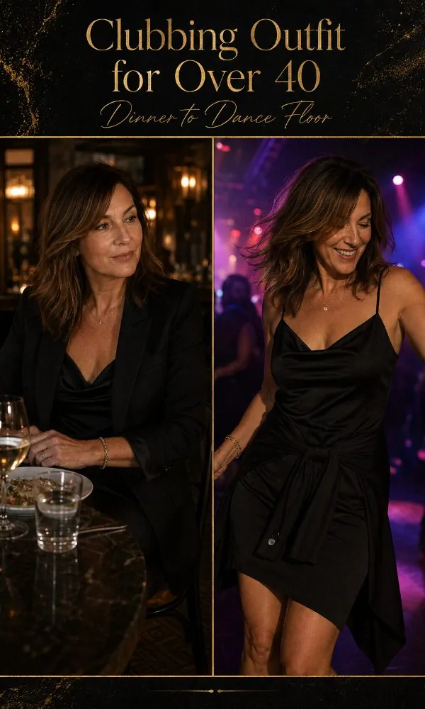 Outfit that transitions from dinner to dancing, dinner look and club-ready look side by side