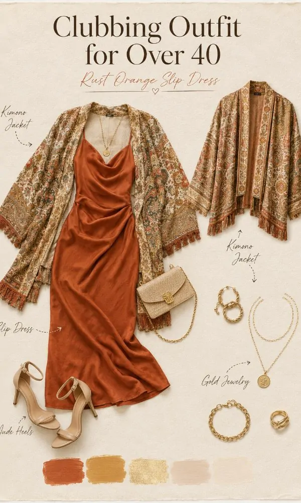Rust Orange Slip Dress With Printed Kimono Jacket
