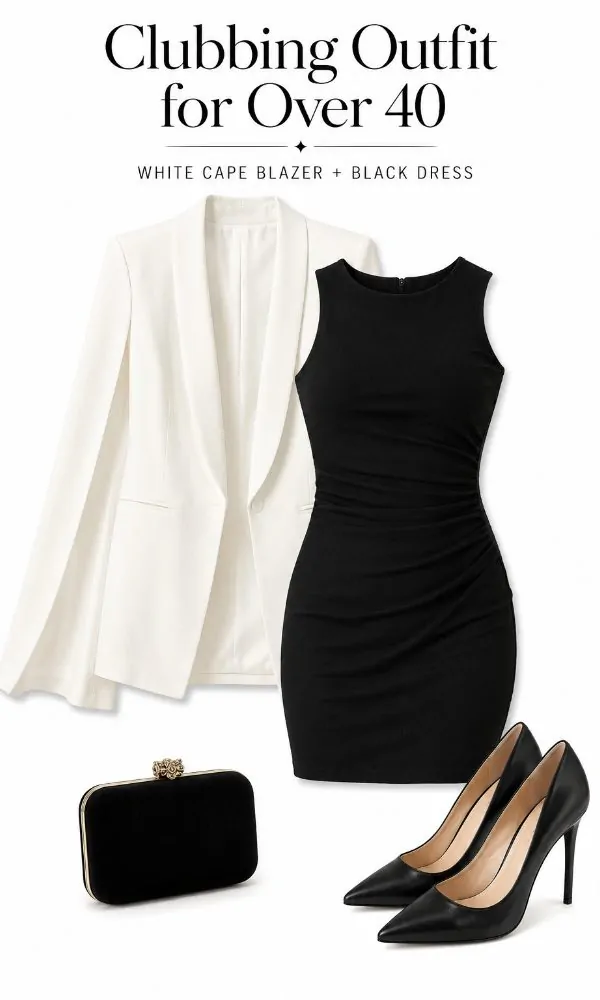 White Cape Blazer Over Black Bodycon Dress