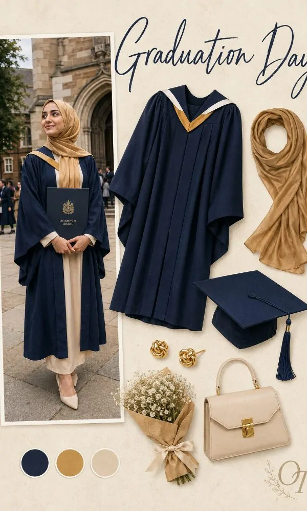 Navy Blue Graduation Gown with Golden Hijab