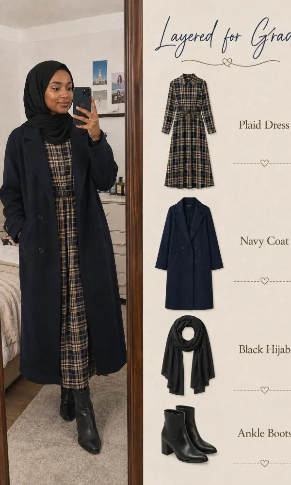 Navy Coat Over Plaid Dress