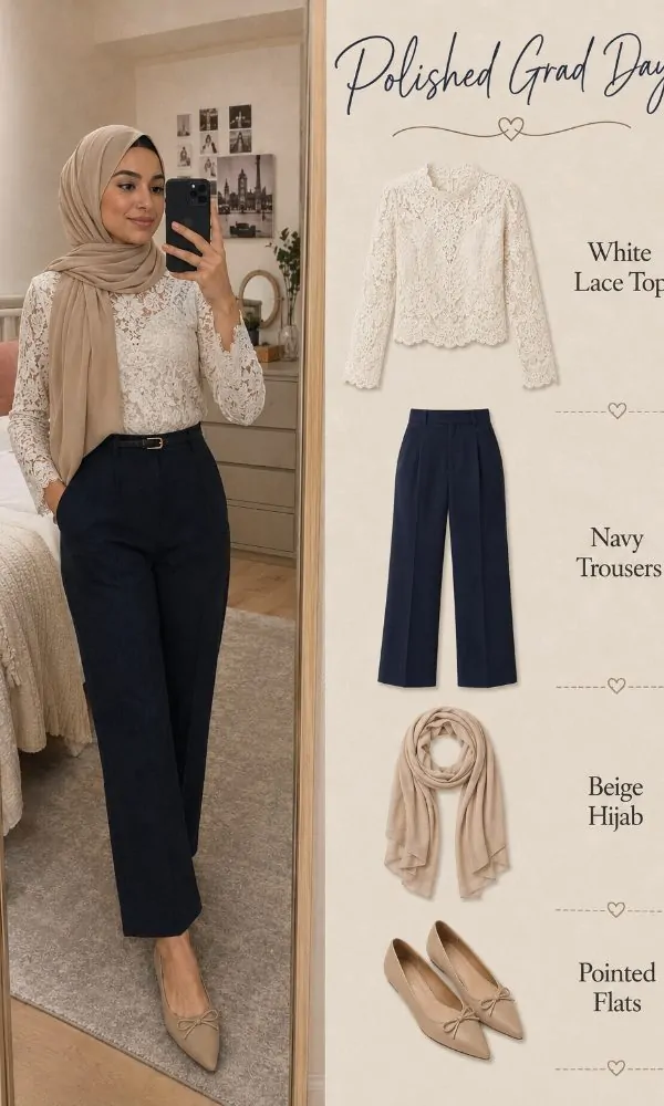 White Lace Top with Navy Trousers