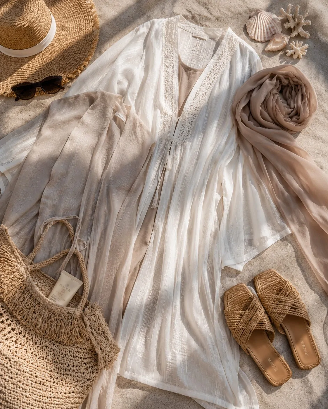 Beach vacation hijab layers flat-lay collage