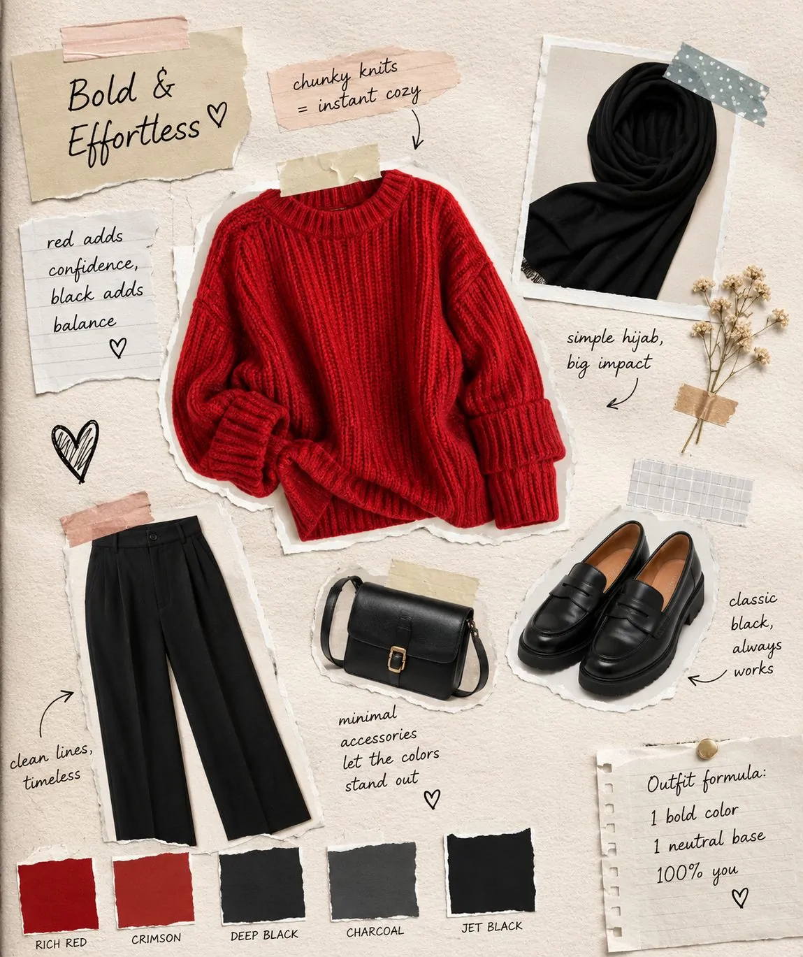 Bold red knit sweater with black base hijab outfit collage
