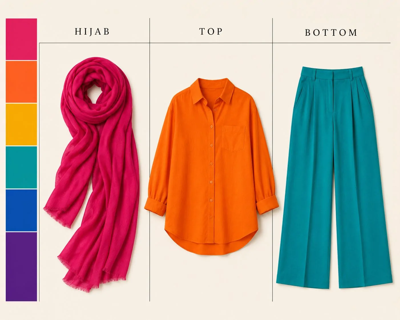 Bright color blocking hijab outfit collage