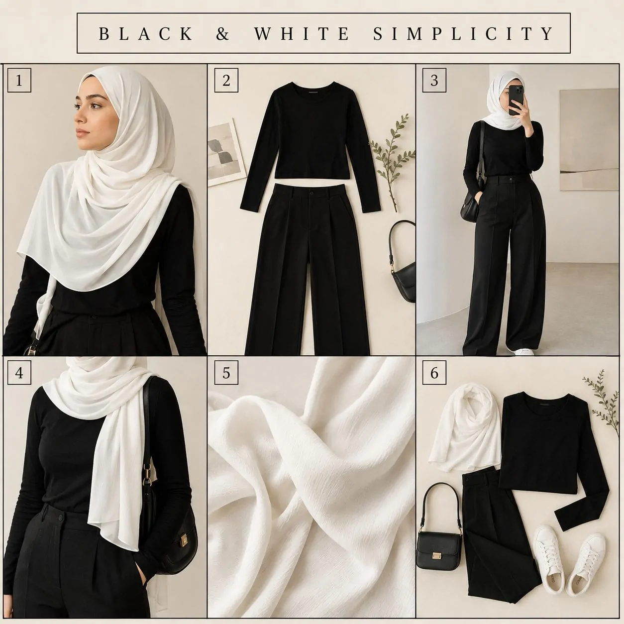 White hijab with black clothing casual simplicity collage
