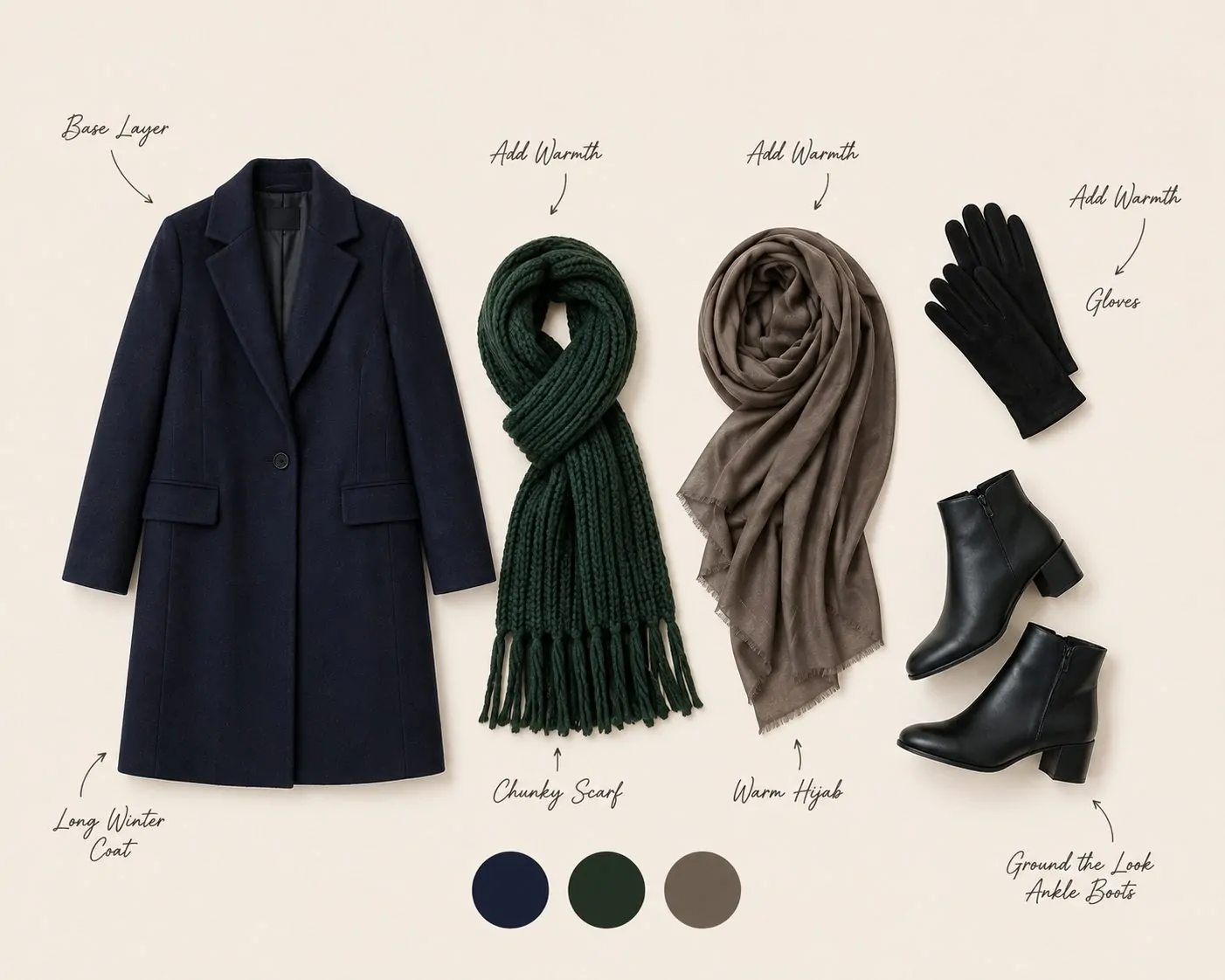 Casual winter hijab layers with long coat collage