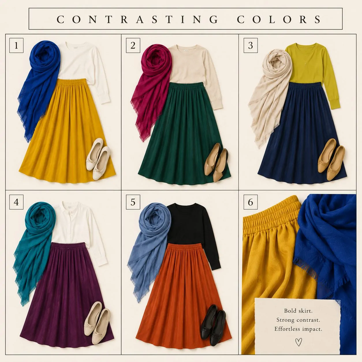 Contrasting colors hijab outfit with maxi skirt collage