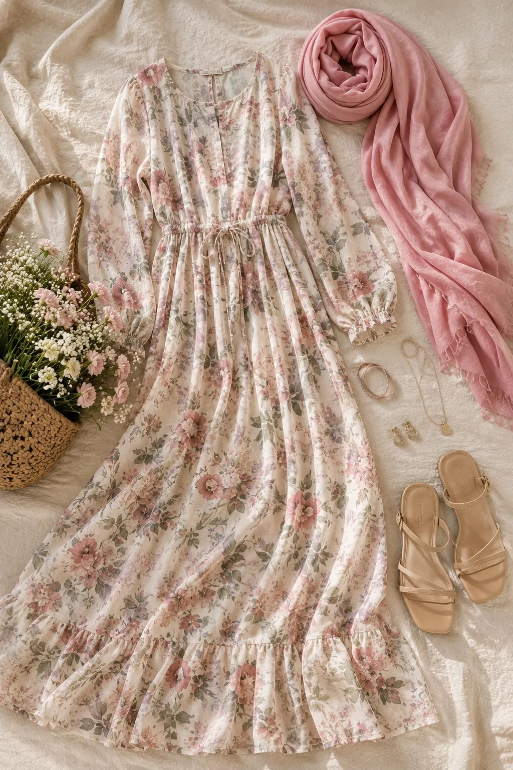 Floral maxi dress with coordinating pink hijab collage
