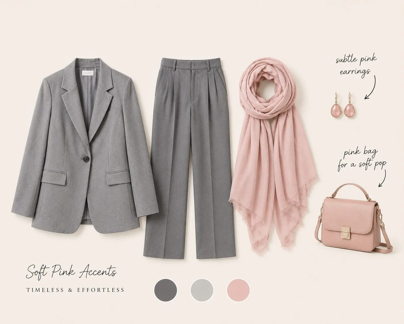 Grey business casual hijab outfit with pink accents collage