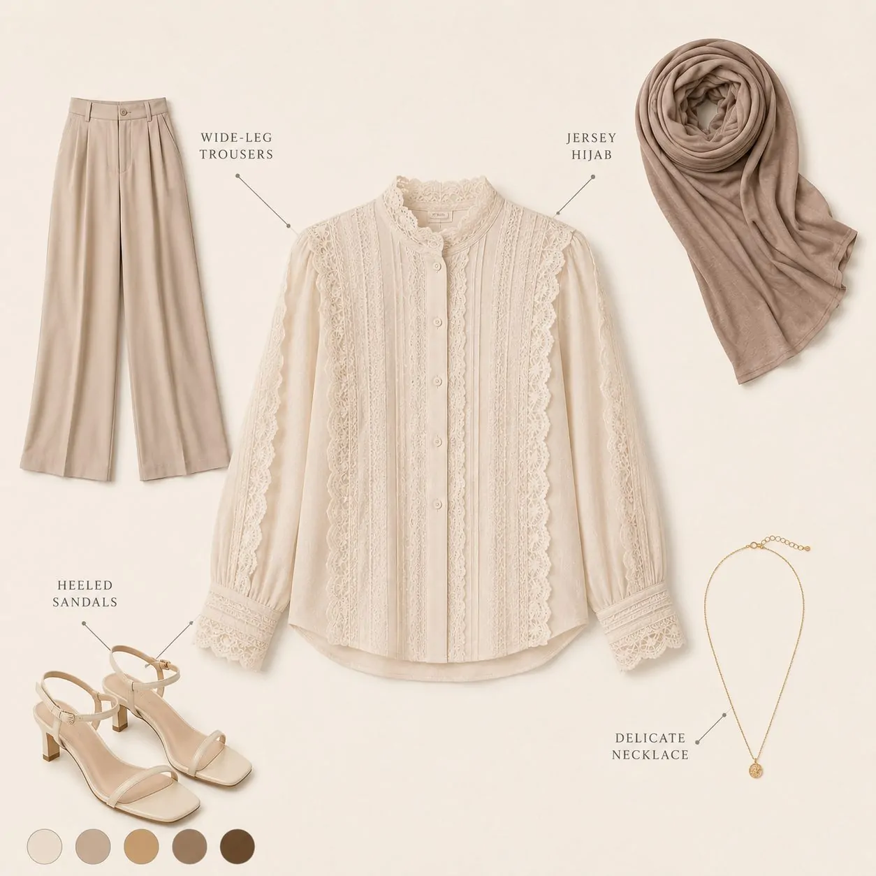 Lace detail blouse with wide-leg trousers collage