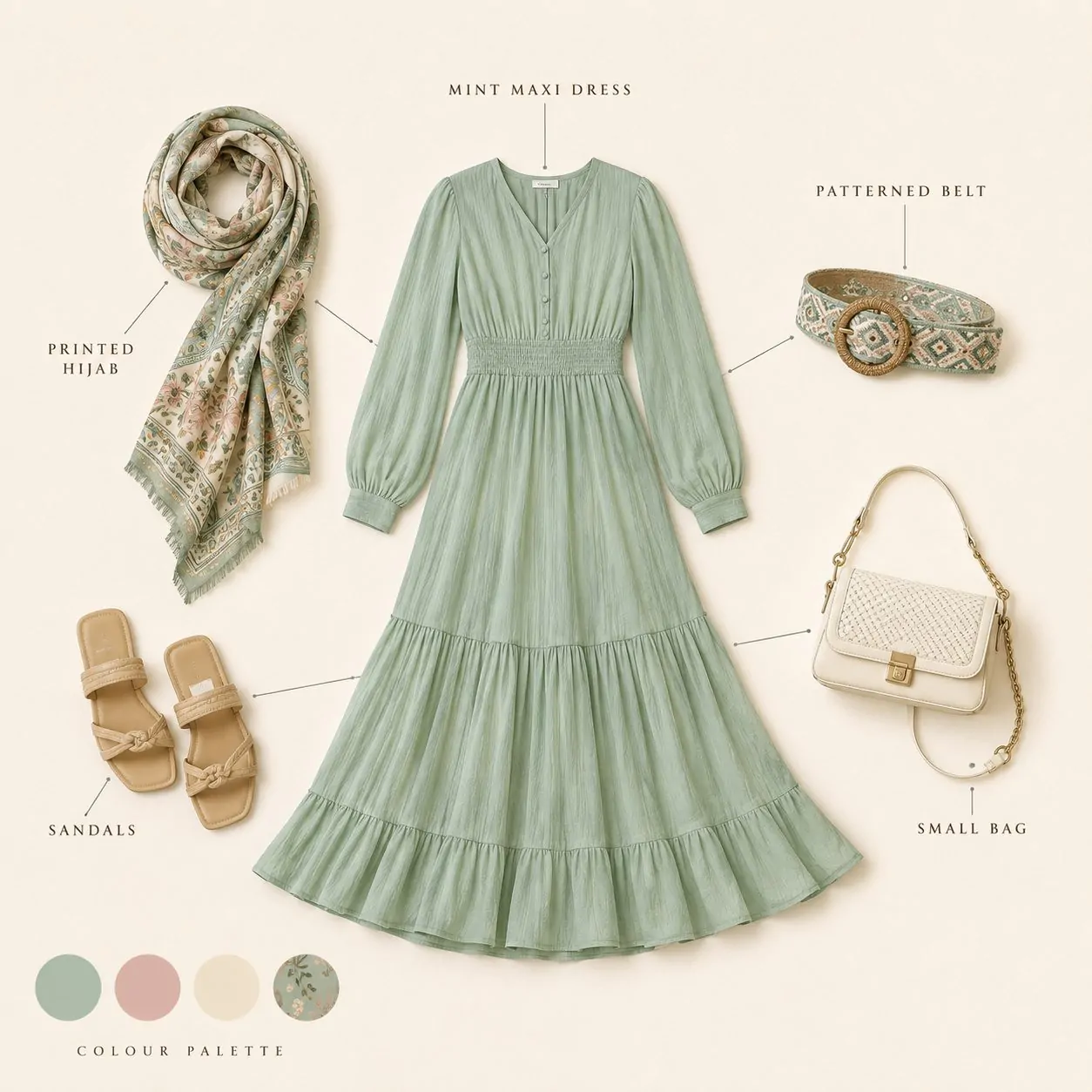 Mint green maxi dress with pattern mixing hijab collage