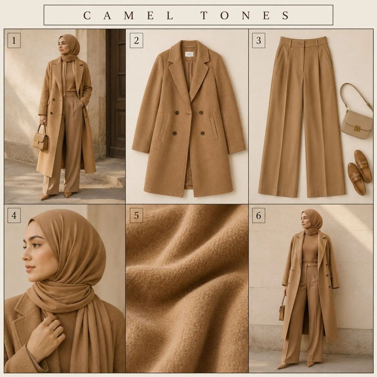 Monochromatic camel tone hijab outfit collage