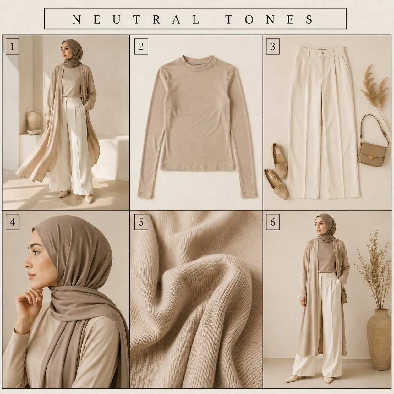 Neutral tone hijab outfit with flowing cardigan collage