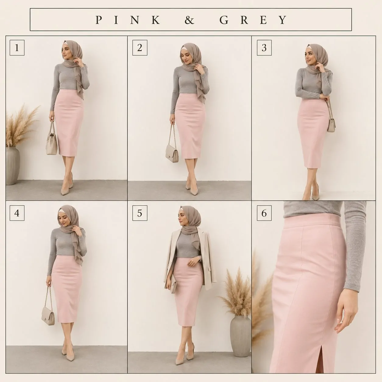 Pink pencil skirt with grey top hijab outfit collage