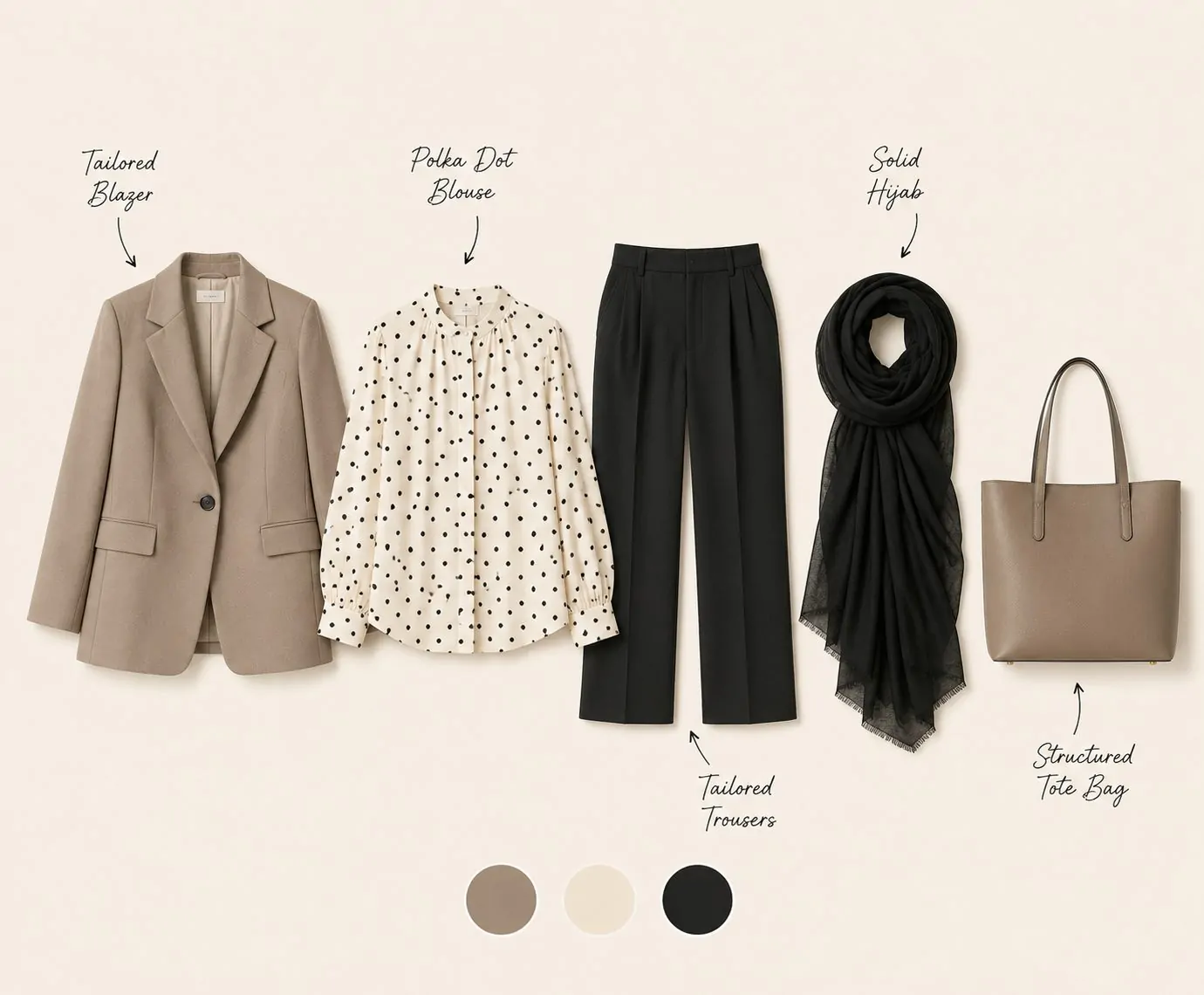 Polka dot work outfit with hijab collage