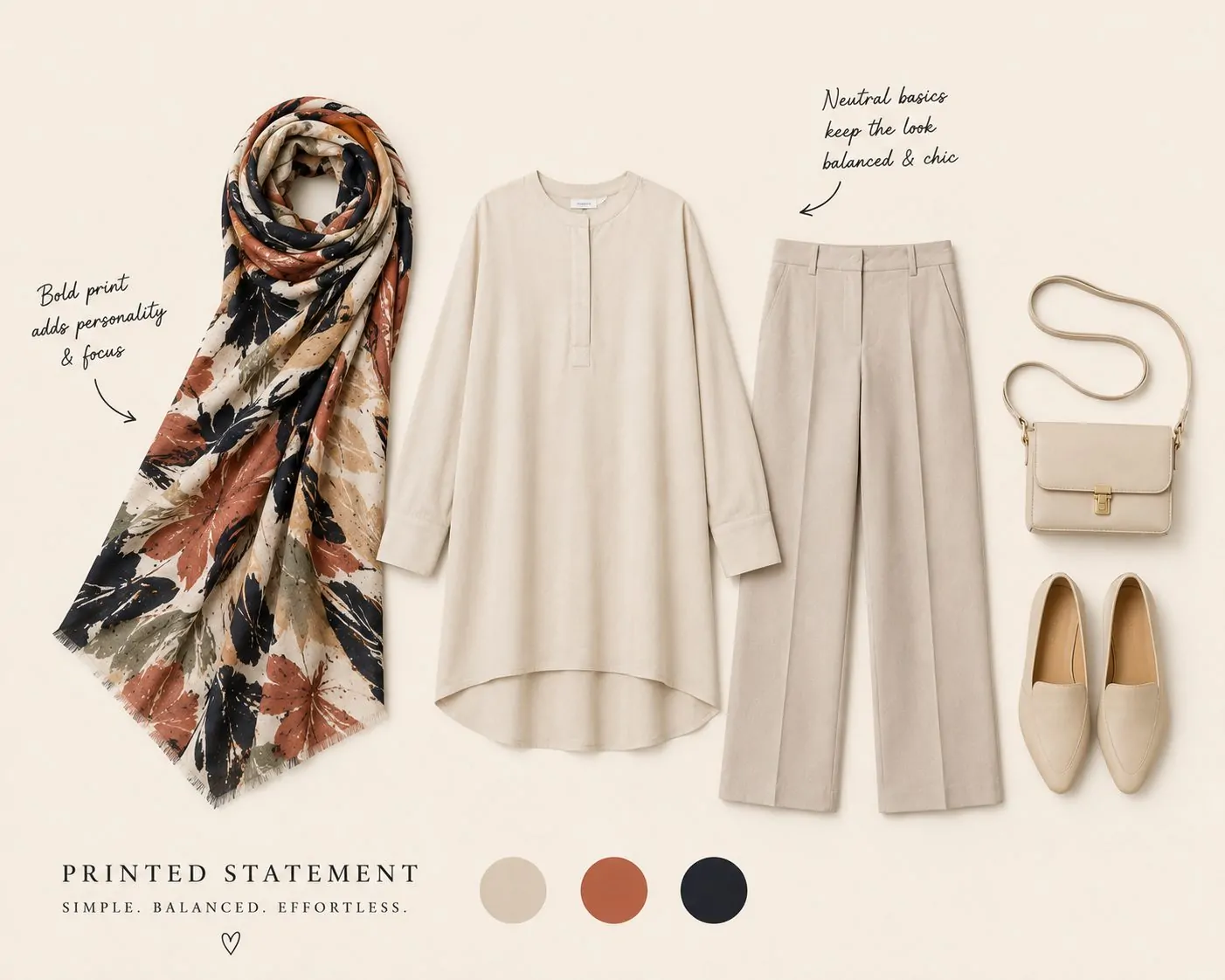 Printed hijab with neutral tunic collage