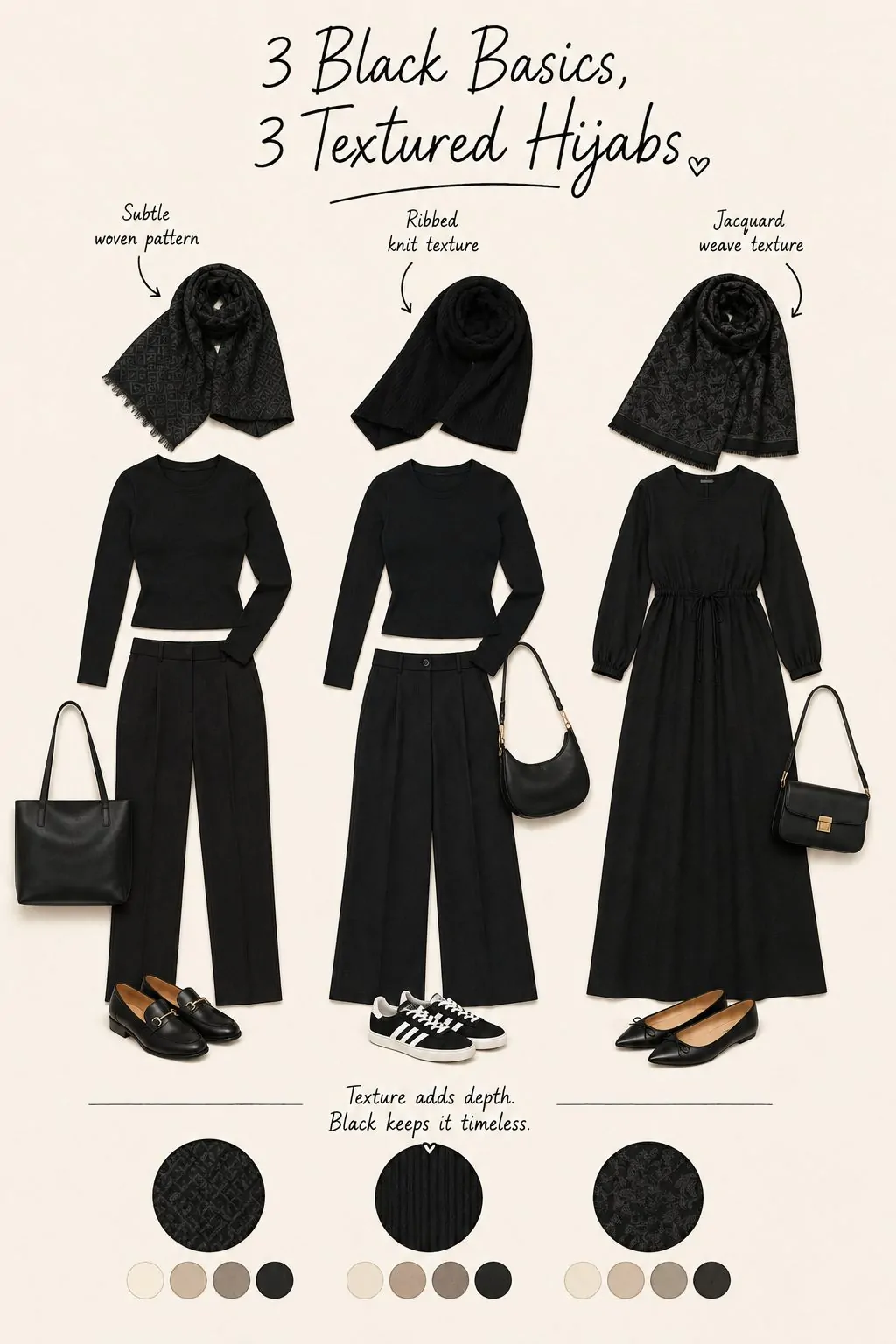 Textured hijab fabric collage paired with black basics