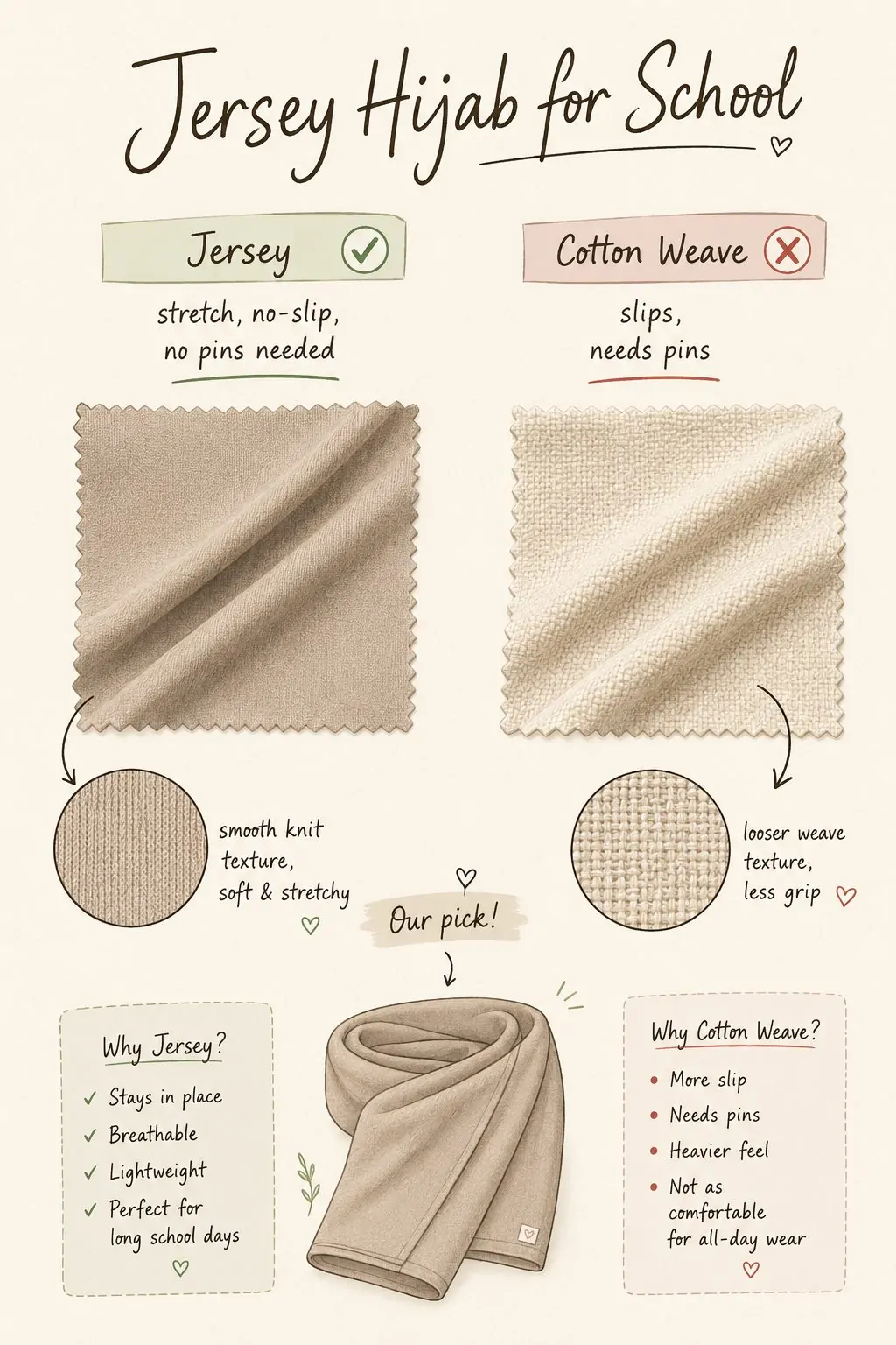 Styling tip diagram comparing jersey hijab to cotton weave for school days