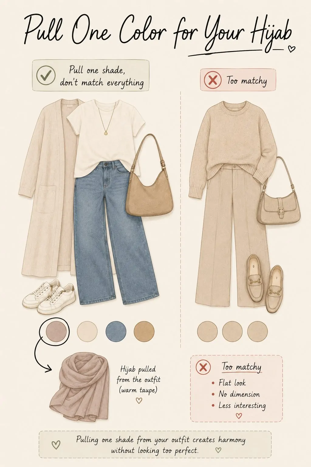Styling tip diagram pulling one hijab color from the outfit palette